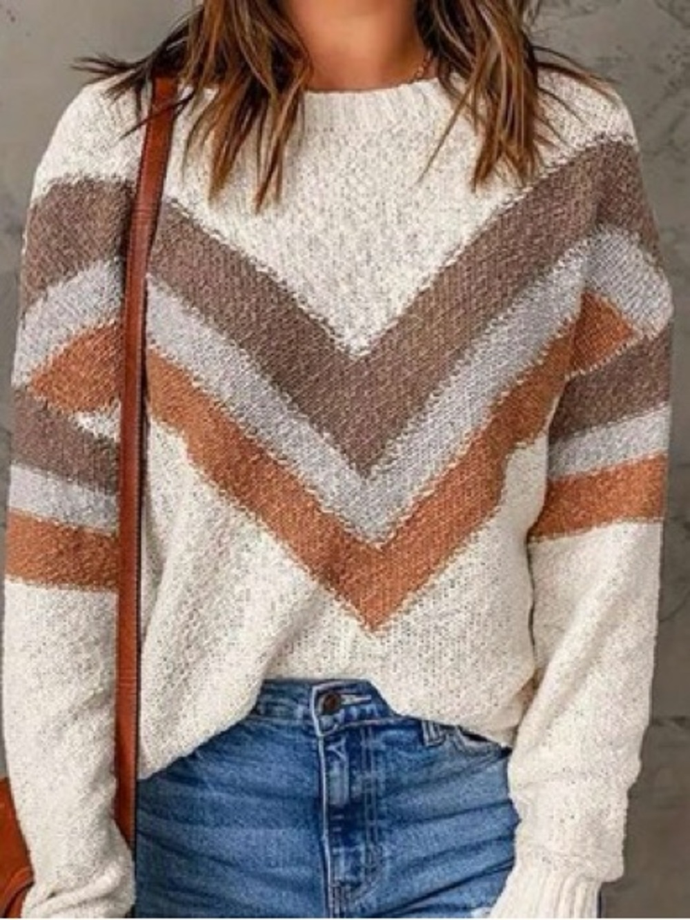 Chevron Knit Sweater in Cream and Brown